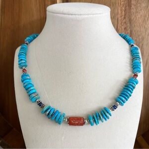 Turquoise with Silver, Lapis and Red Navajo Coral Beaded Necklace